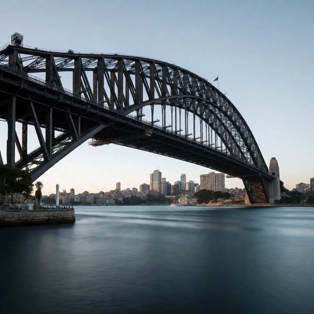 Sydney Harbour Bridge steel structure at dusk