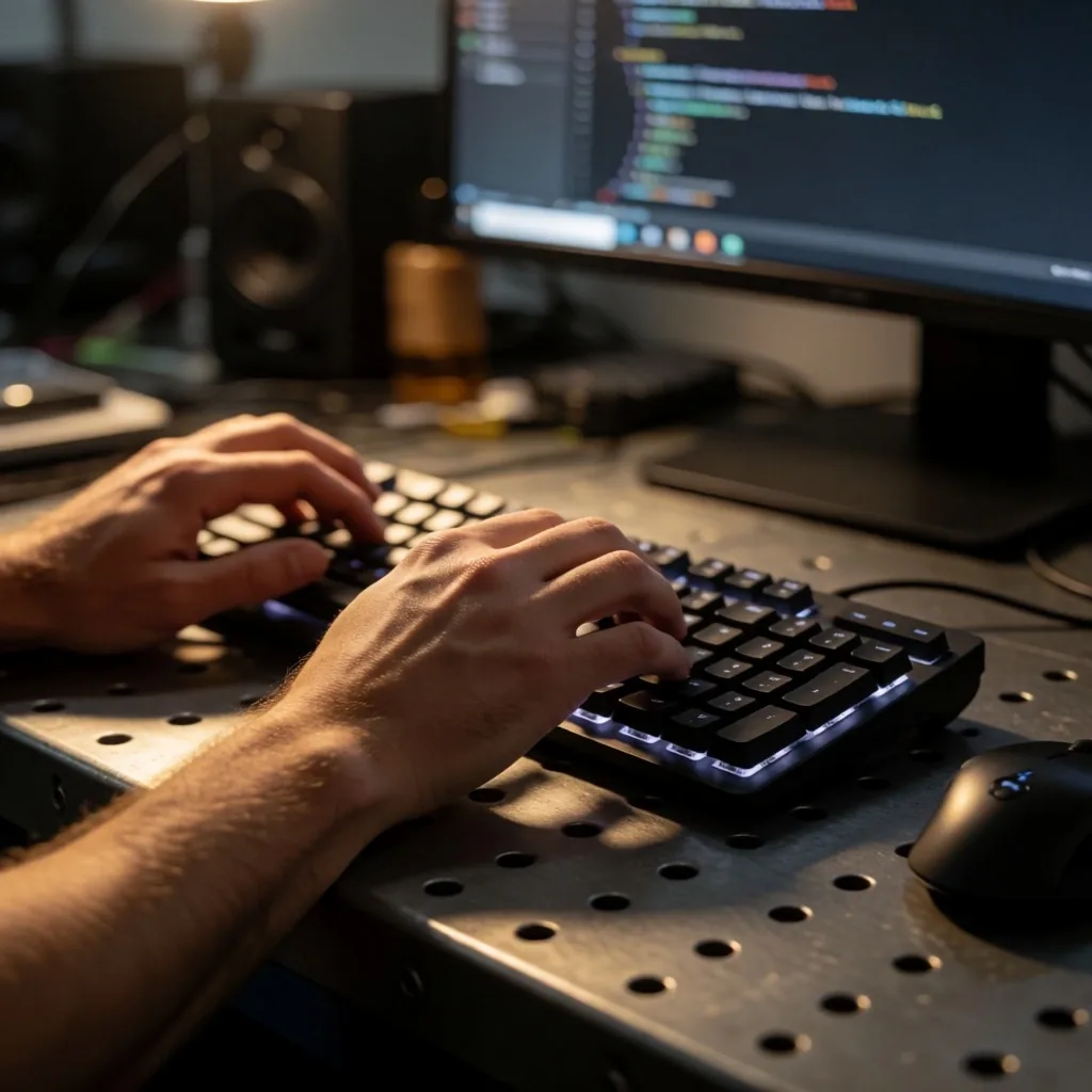 Amber-lit keyboard and code on a steel desk