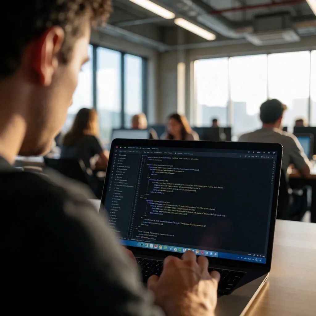 Developer coding Solidity at a workshop desk