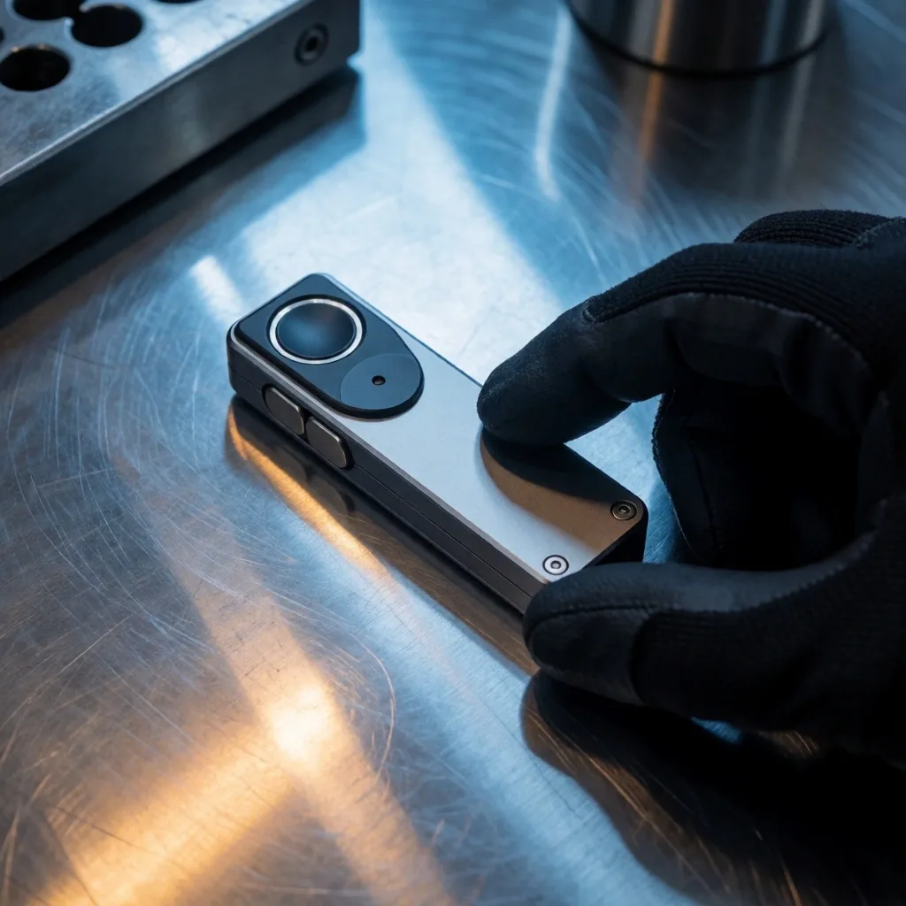 Hardware wallet device on a steel workbench