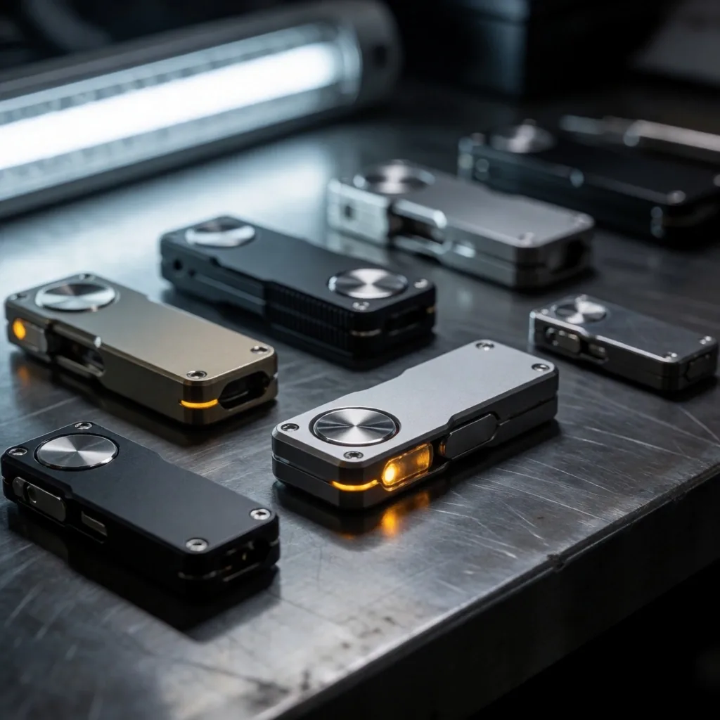 Hardware wallets arranged on steel