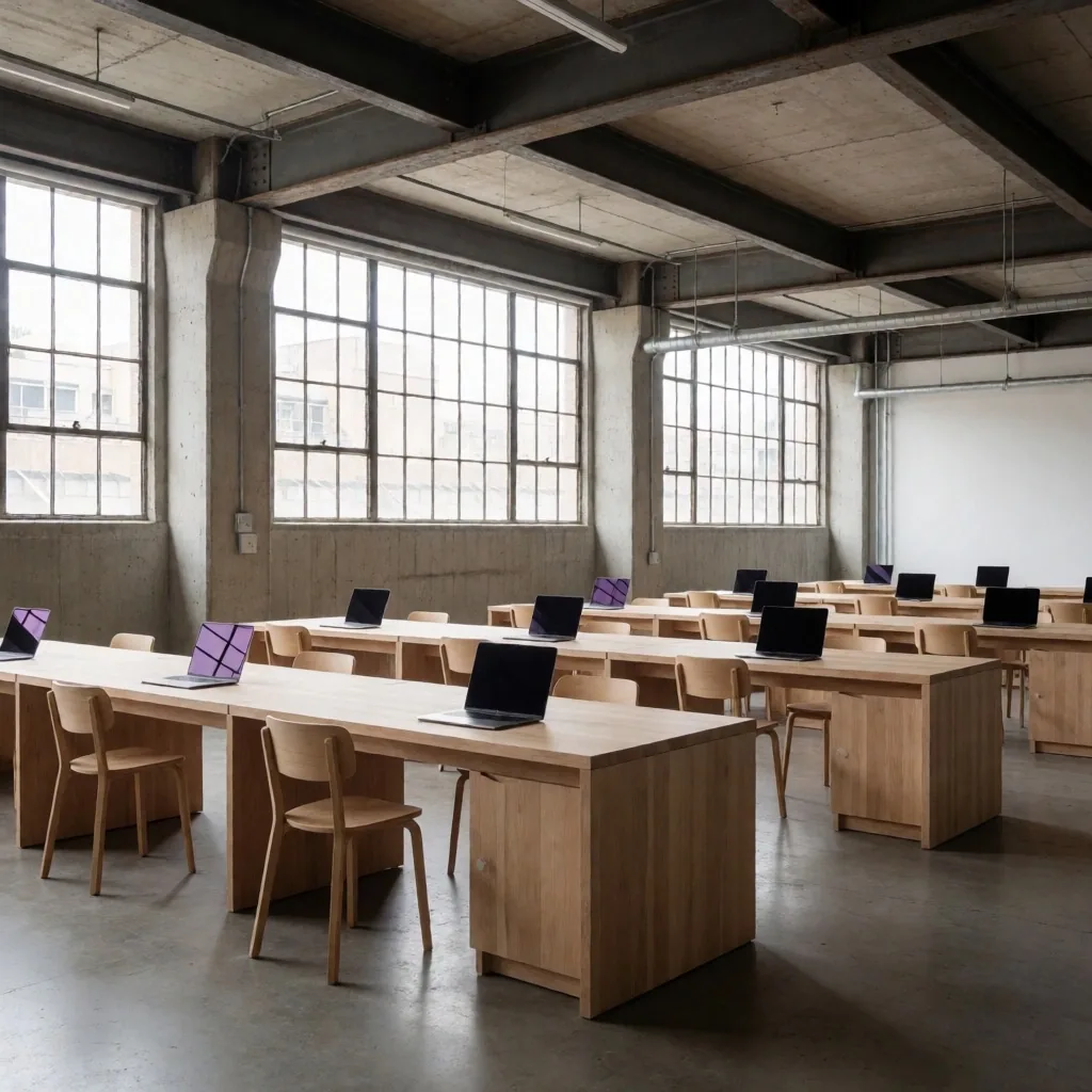 Industrial workshop room with desks and laptops