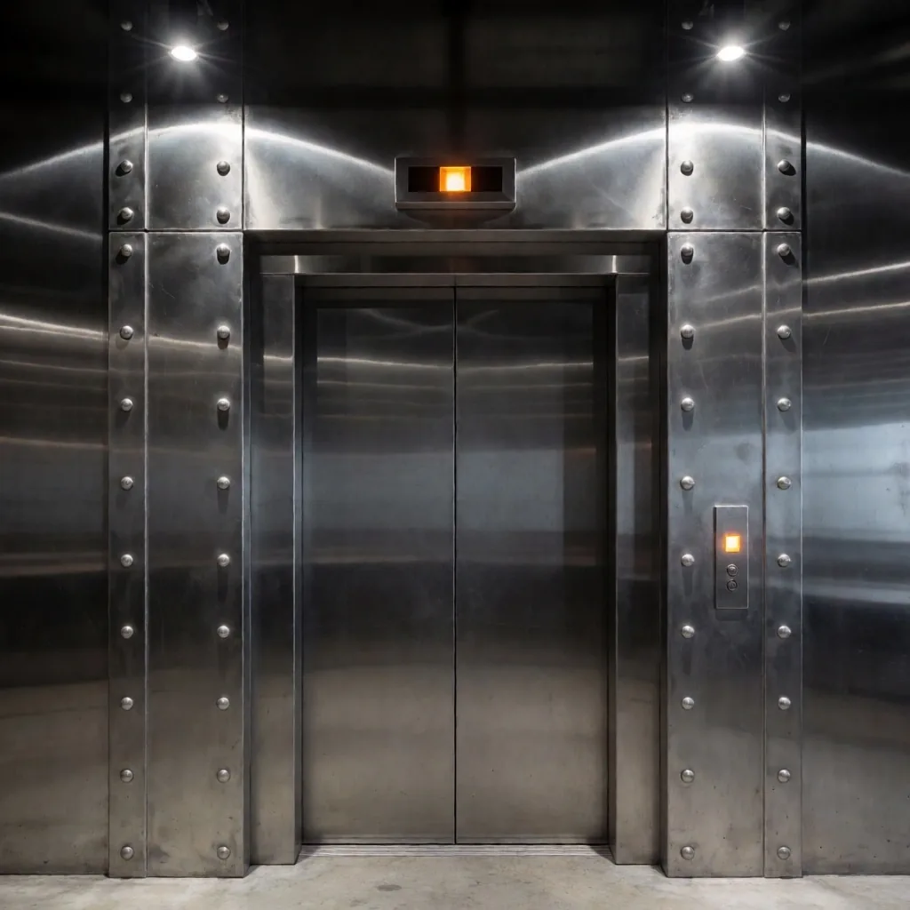Industrial elevator door with steel detail