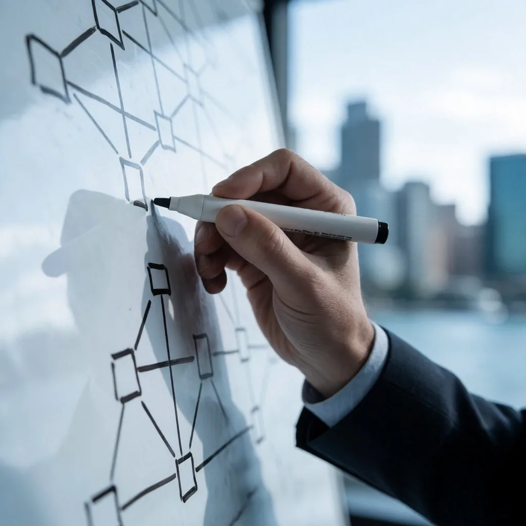 Whiteboard with blockchain architecture diagrams