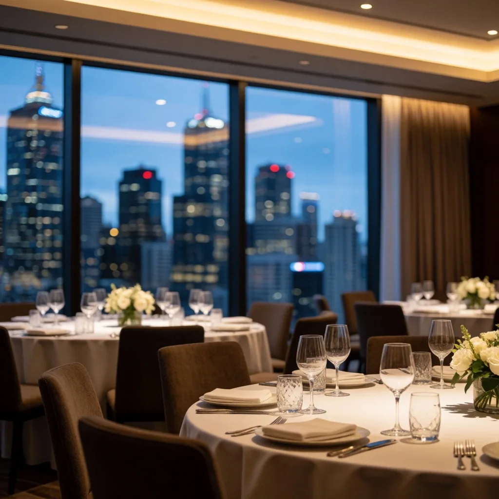 Luxury hotel conference ballroom set for formal dinner