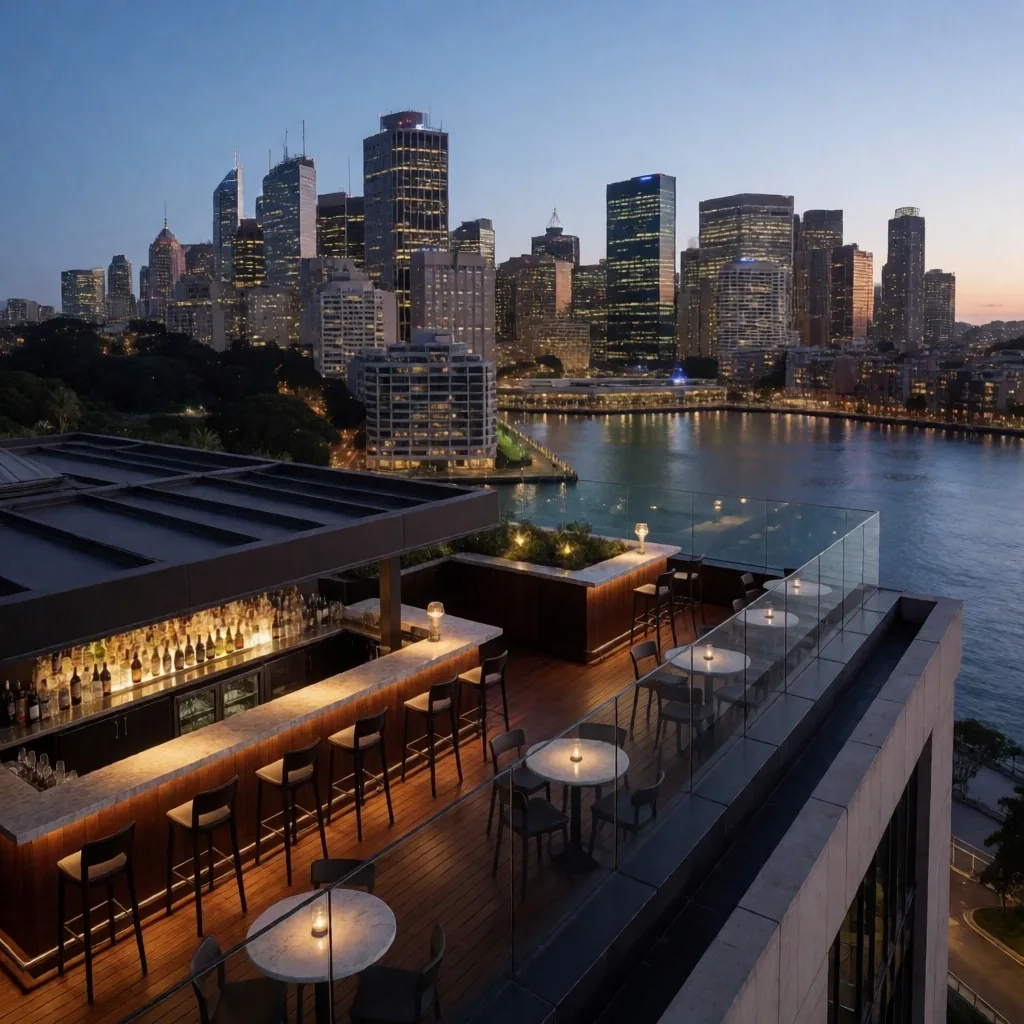 Waterfront bar terrace in Barangaroo at dusk