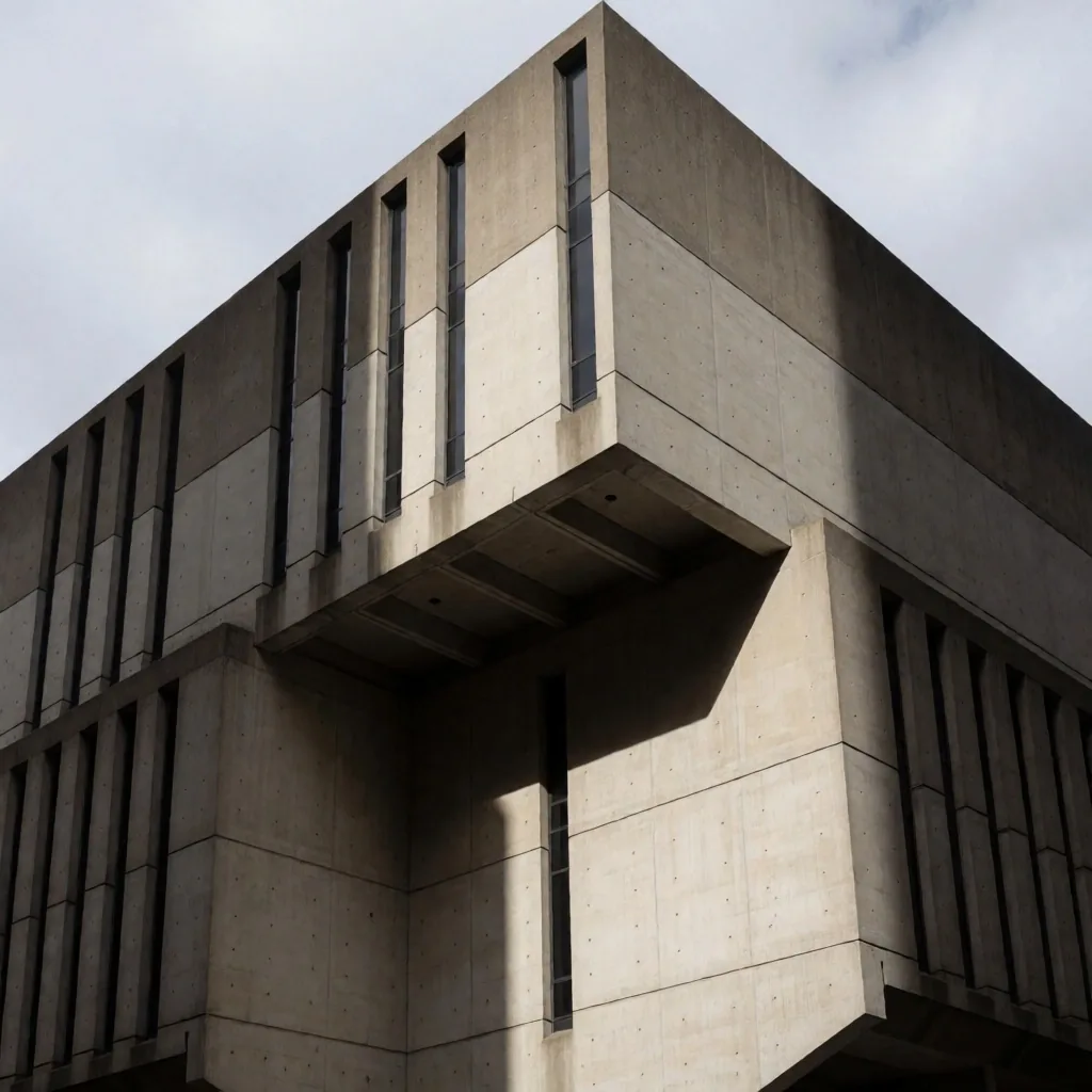 Brutalist concrete building facade in Sydney with geometric angles
