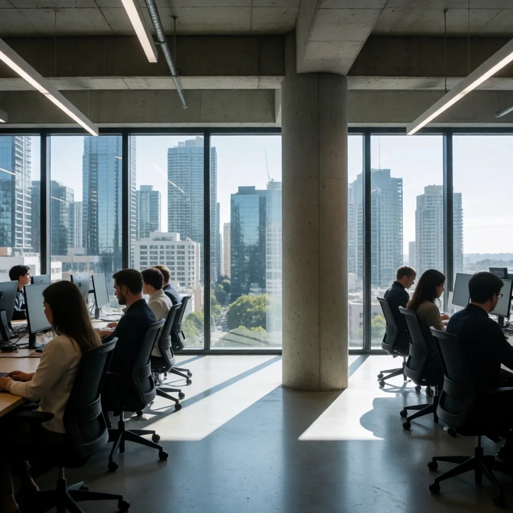 Modern Sydney office tower interior with exposed concrete and glass